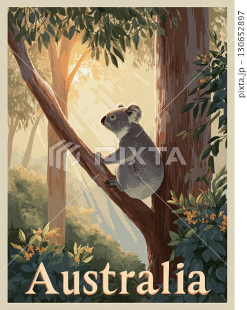 A koala perches on a sturdy tree branch bathed in sunlight, surrounded by lush greenery and colorful flowers. The setting showcases the serene beauty of an Australian forest. 130652897