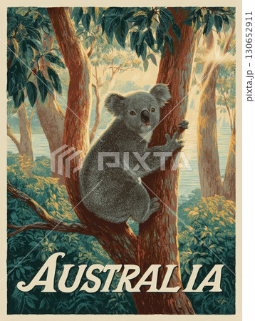 A koala clings to a tree trunk in a lush Australian forest. Sunlight filters through the leaves, illuminating the vibrant greenery and reflecting off the nearby water. The atmosphere is peaceful. 130652911