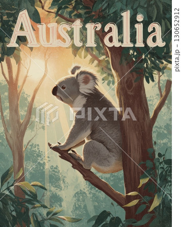 A koala sits peacefully on a branch amidst lush foliage in an Australian forest. Soft sunlight filters through the trees, creating a tranquil atmosphere. The setting showcases natures beauty. 130652912