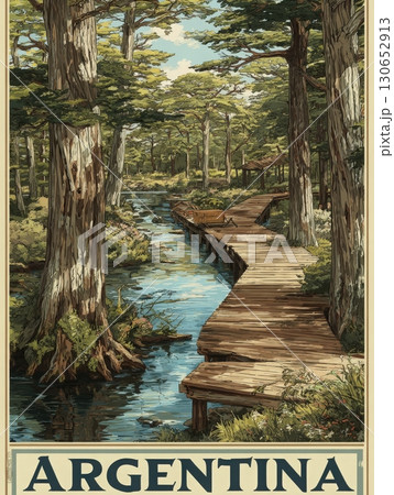 A wooden walkway meanders through a serene forest in Argentina, surrounded by tall trees and a clear flowing stream. The peaceful setting captures the beauty of nature. 130652913