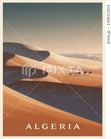 In the vastness of Algerias golden dunes, four camels traverse the undulating sands, highlighted by soft evening light. The serene atmosphere evokes a sense of adventure and exploration. In the vastness of Algerias golden dunes, four camels traverse the undulating sands, highlighted by soft evening light. The serene atmosphere evokes a sense of adventure and exploration. 130652933