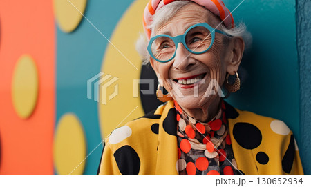 Trendy fashion funny old person in bright colored elegant clothes created with ai generative tools. 130652934