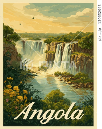 Spectacular waterfalls cascade down rocky cliffs surrounded by vibrant greenery. 130652948