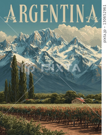 Lush vineyards stretch across the foreground, framed by towering snow-capped mountains. A quaint house rests amidst the greenery under a clear blue sky, showcasing the beauty of Argentina. 130652961