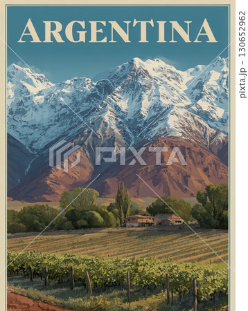 Majestic mountains tower over lush vineyards in Argentina, creating a picturesque landscape. The serene environment features green foliage, rustic homes, and vibrant fields, under a clear sky. 130652962