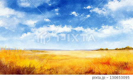 秋の草原と青空の水彩風背景イラスト 秋の草原と青空の水彩風背景イラスト 130653095