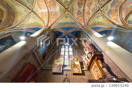 Ornate interior of a Basilica of Sts Peter and Paul showing the architecture, artwork, and stained glass windows. Czech Republic 130653240