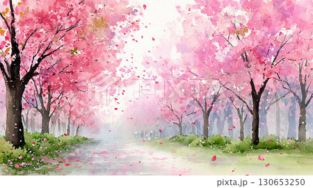 春の桜並木の水彩風背景イラスト 130653250