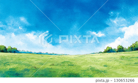 新緑の草原と青空の水彩風背景イラスト 130653266