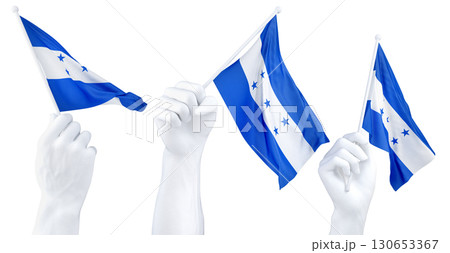 Hands waving Honduras flags isolated on white. 3d Rendering 130653367
