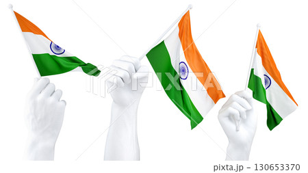 Hands waving flag of India isolated on white. 3d Rendering 130653370