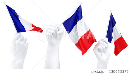 Hands waving flag of France isolated on white. 3d Rendering Hands waving flag of France isolated on white. 3d Rendering 130653373