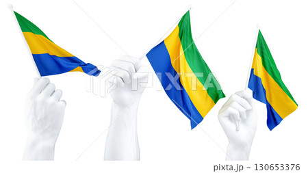Hands waving flag of Gabon isolated on white. 3d Rendering Hands waving flag of Gabon isolated on white. 3d Rendering 130653376