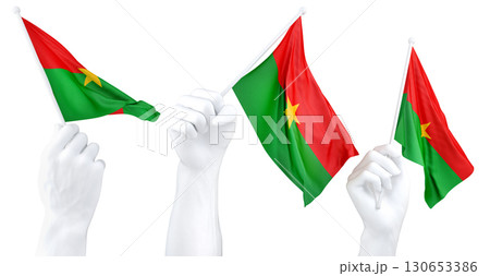 Hands waving flag of Burkina Faso isolated on white. 3d Rendering Hands waving flag of Burkina Faso isolated on white. 3d Rendering 130653386