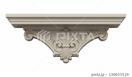 Shelf bracket isolated on white, decorative ornate design, top-down view, metal texture detail 130653529