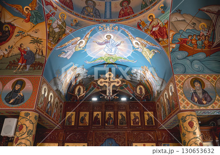 Interior view of Agios Nikolaos orthodox church featuring religious frescoes and icons. Paralimni, Cyprus 130653632