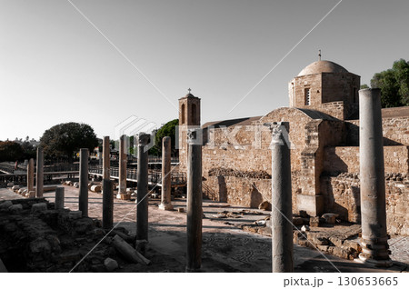 Ancient ruins of Ayia Kyriaki Chrysopolitissa Church in Paphos showing stone columns. Cyprus Ancient ruins of Ayia Kyriaki Chrysopolitissa Church in Paphos showing stone columns. Cyprus 130653665