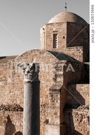Ancient column standing in front Ayia Kyriaki Chrysopolitissa Church. Paphos, Cyprus Ancient column standing in front Ayia Kyriaki Chrysopolitissa Church. Paphos, Cyprus 130653666