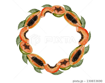 Papaya watercolor frame. Hand drawn ripe tropical fruit on white background. Ideal for logo, cosmetics and product packaging Papaya watercolor frame. Hand drawn ripe tropical fruit on white background. Ideal for logo, cosmetics and product packaging 130653690