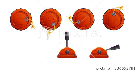 Wooden barrels with burning fuse 130653791