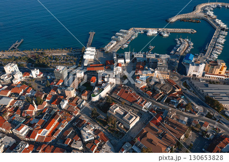 Drone point of view of Limassol Old Port and Old Town buildings at sunset. Cyprus Drone point of view of Limassol Old Port and Old Town buildings at sunset. Cyprus 130653828