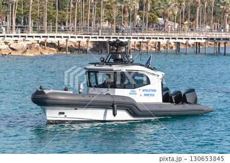 Maritime Police rigid-hulled inflatable boat patrolling Limassol coastline. Cyprus 130653845