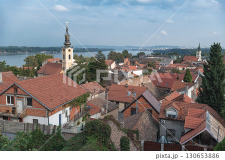 Zemun, Belgrade, Serbia - panoramic view overlooking Danube river and Church towers 130653886