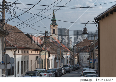 Cars parked on narrow street in Zemun, Belgrade, Serbia 130653887