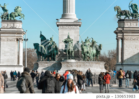 The equestrian statues of the seven chieftains of the Magyars in Heroes' square. Budapest, Hungary The equestrian statues of the seven chieftains of the Magyars in Heroes' square. Budapest, Hungary 130653983