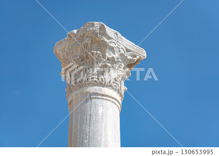Ancient greek column showing acanthus leaves decoration. Kourion archaeological site, Cyprus Ancient greek column showing acanthus leaves decoration. Kourion archaeological site, Cyprus 130653995