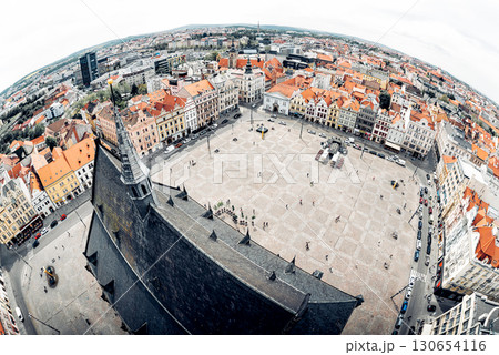 Cityscape of Plzen (Pilsen) with st. Bartholomew cathedral dominating the square. Czech Republic 130654116
