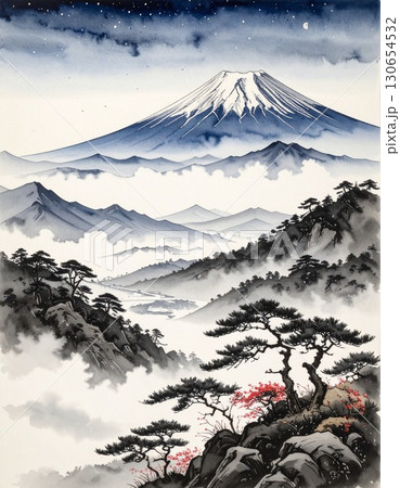 【AI生成画像】水墨画風 富士山の風景 【AI生成画像】水墨画風 富士山の風景 130654532