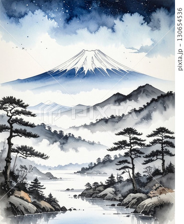 【AI生成画像】水墨画風 富士山の風景 【AI生成画像】水墨画風 富士山の風景 130654536