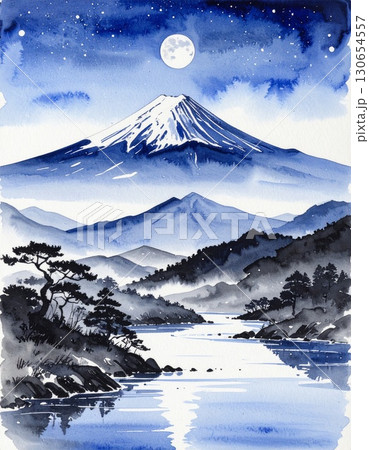 【AI生成画像】水墨画風　富士山の風景 130654557