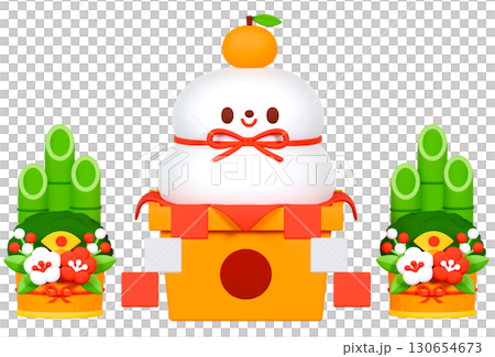 鏡餅のキャラクターと門松 130654673