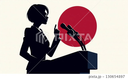 女性の政治家（総理大臣・総裁）_白背景で演説するイラスト　/サナエノミクス 130654897