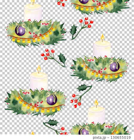 Candles, holly, pine branches, berries, baubles watercolor seamless vertical border isolated on white. Ideal for wrapping paper, festive textiles, greeting cards, invitations, holiday decor projects 130655019