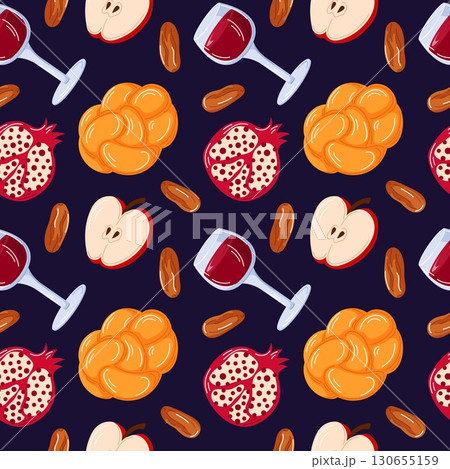Seamless pattern with challah bread, apple, pomegranate, dates and wine glass symbolizing traditional foods for jewish holiday rosh hashanah on dark background in cartoon style. 130655159