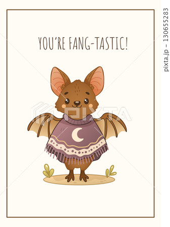 Halloween postcard with cute bat and funny pun text 130655283