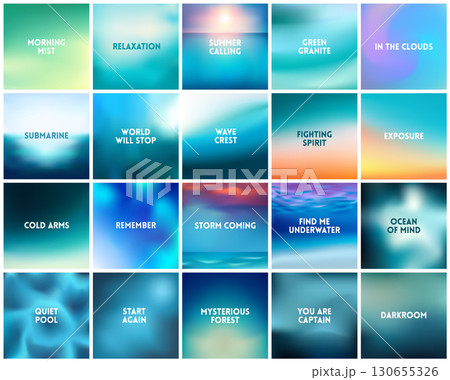 BIG set of 20 square blurred nature turquoise backgrounds. With various quotes. Sunset and sunrise sea sky blurred blue background. 130655326