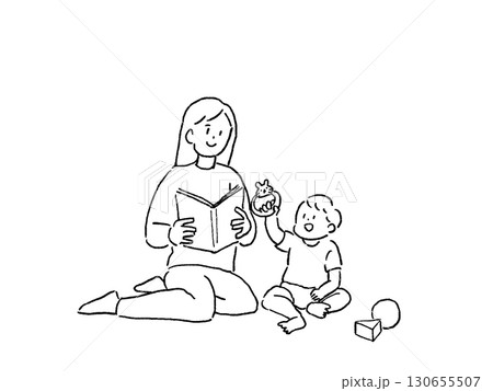 本を読むお母さんと、おもちゃで遊ぶ赤ちゃん、子供、線画 本を読むお母さんと、おもちゃで遊ぶ赤ちゃん、子供、線画 130655507