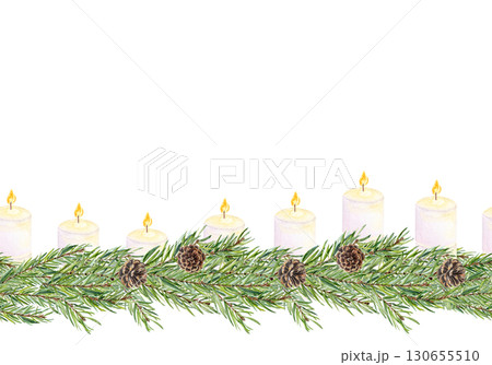 Pine branches garland with candles, cones. Seamless watercolor horizontal border isolated on white ideal for Christmas cards, posters, Advent, digital designs, scrapbooking, festive decorations 130655510