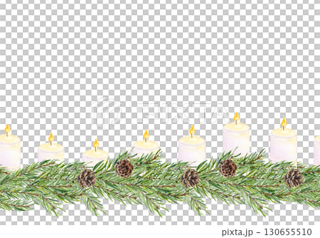 Pine branches garland with candles, cones. Seamless watercolor horizontal border isolated on white ideal for Christmas cards, posters, Advent, digital designs, scrapbooking, festive decorations 130655510