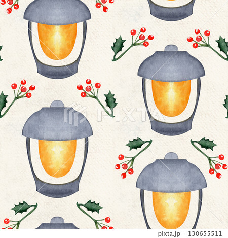 Glowing lanterns and red holly berries watercolor seamless pattern on textured paper. Ideal for wrapping paper, fabric, winter invitations, festive backgrounds, holiday decor, seasonal craft projects Glowing lanterns and red holly berries watercolor seamless pattern on textured paper. Ideal for wrapping paper, fabric, winter invitations, festive backgrounds, holiday decor, seasonal craft projects 130655511