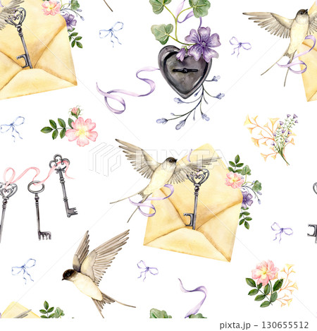 Seamless pattern with swallows keys envelopes and flowers watercolor illustration Seamless pattern with swallows keys envelopes and flowers watercolor illustration 130655512