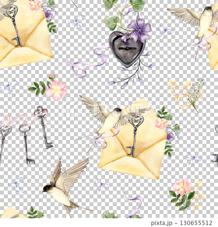 Seamless pattern with swallows keys envelopes and flowers watercolor illustration Seamless pattern with swallows keys envelopes and flowers watercolor illustration 130655512