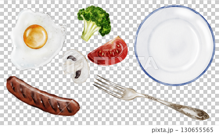 Breakfast set watercolor. Fried egg, plate, fork, tomato and broccoli. Clip art food. Ideal for decorating cookbooks and recipes, restaurant menus 130655565