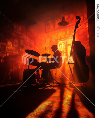 ジャズバーで演奏するドラマーのシルエット 130655799