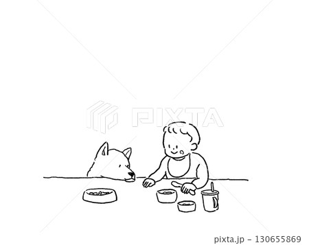 テーブルに顔を乗せる芝犬と、ご飯を食べる赤ちゃん、線画、 テーブルに顔を乗せる芝犬と、ご飯を食べる赤ちゃん、線画、 130655869