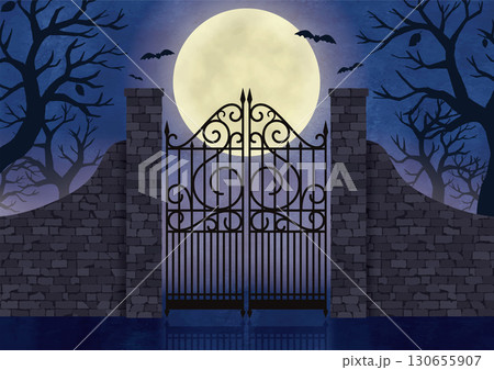 ハロウィンの満月の夜の不気味な門扉水彩画 130655907